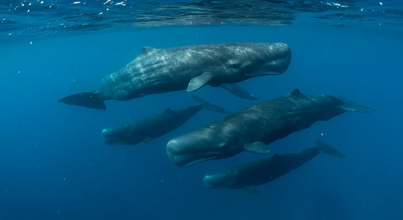 Pod of sperm whales swimming together in deep ocean waters