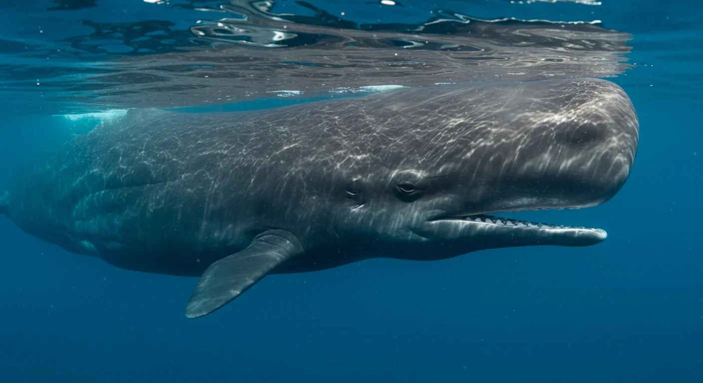 Close-up of a sperm whale's distinctive rectangular head underwater
