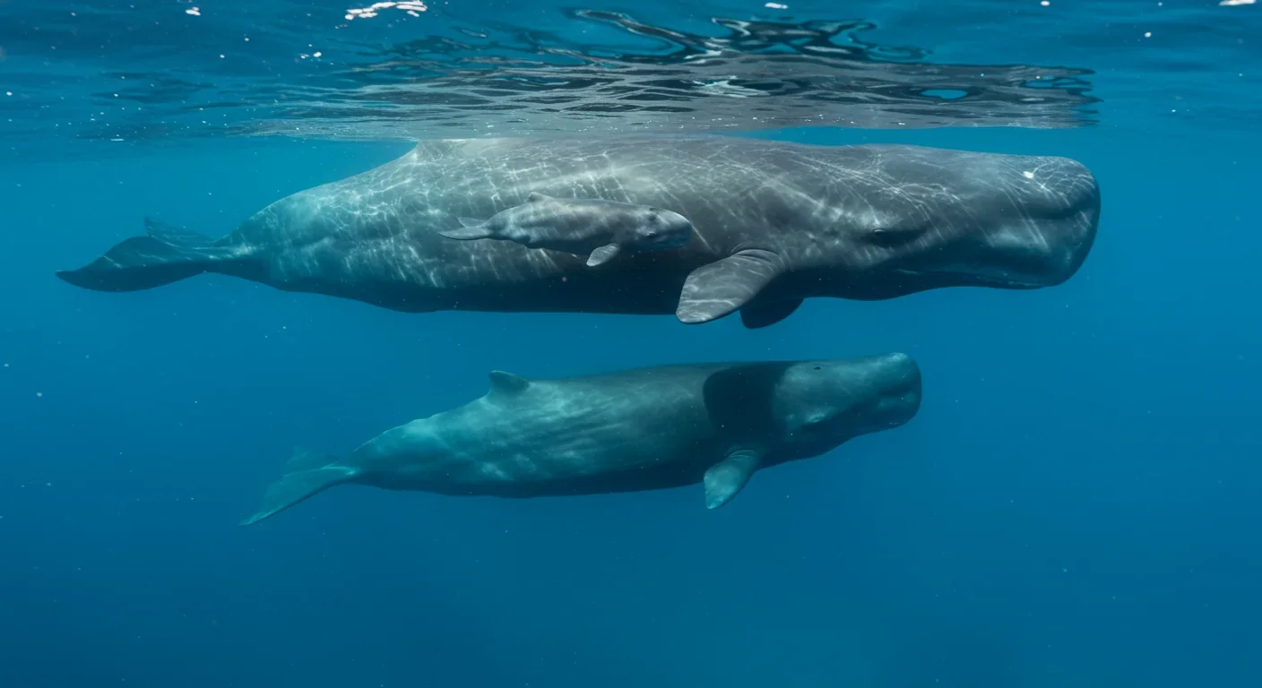 Sperm whale mother swimming alongside her young calf in the ocean
