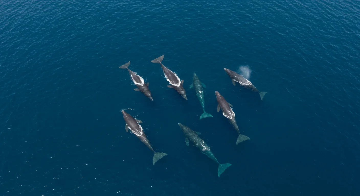 Aerial view of multiple sperm whales spread across the ocean surface