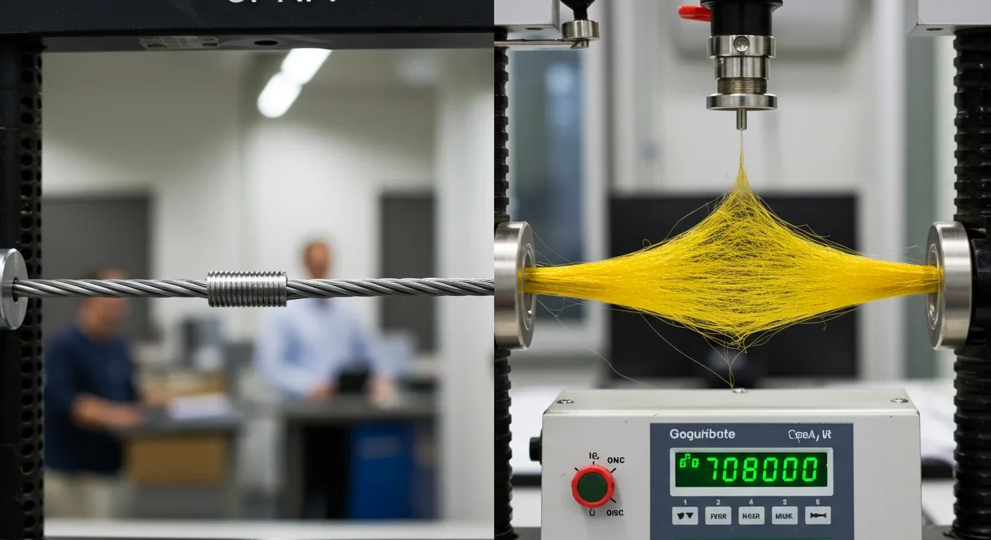 Side-by-side tensile strength comparison of steel cable and spider silk fibers on mechanical testing apparatus