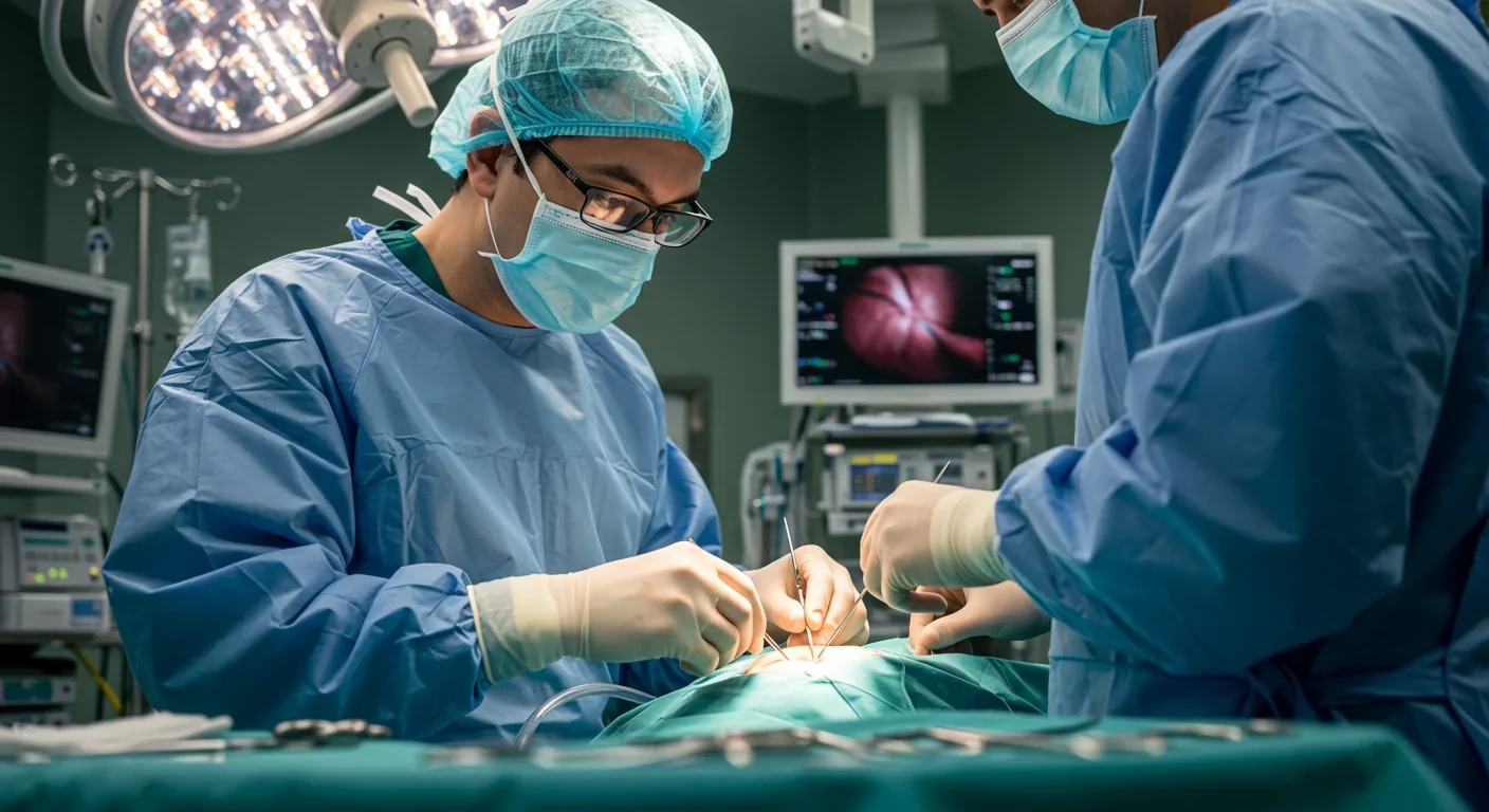 Surgeon using biodegradable spider silk sutures during minimally invasive medical procedure in modern operating theater
