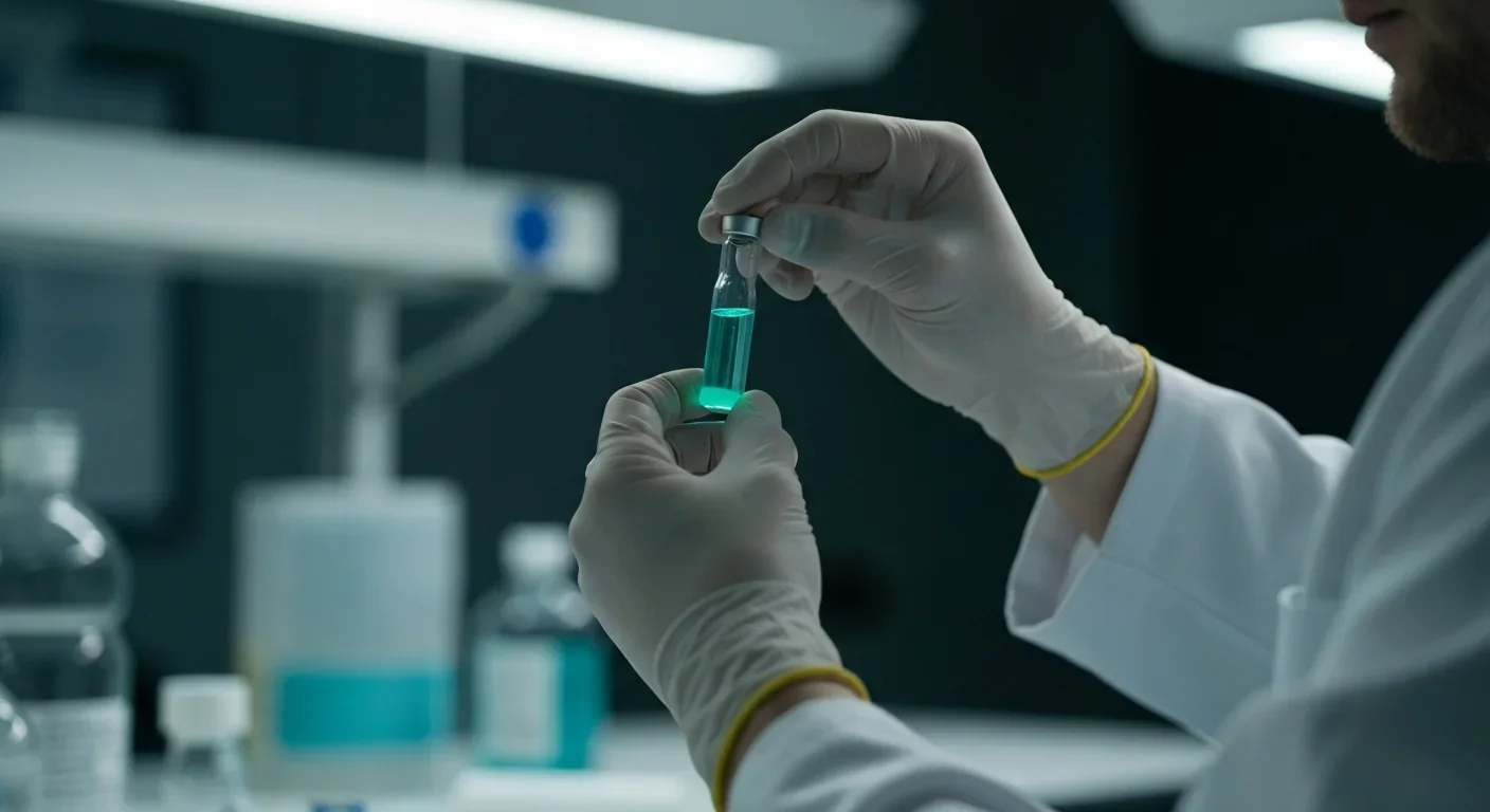 Marine biologist holding a vial of bioluminescent bacteria glowing blue-green in a dark laboratory
