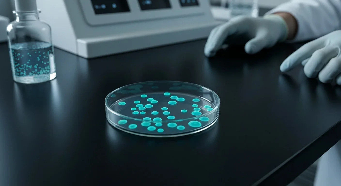 Bioluminescent bacterial colonies glowing blue-green in a petri dish in a dark microbiology laboratory
