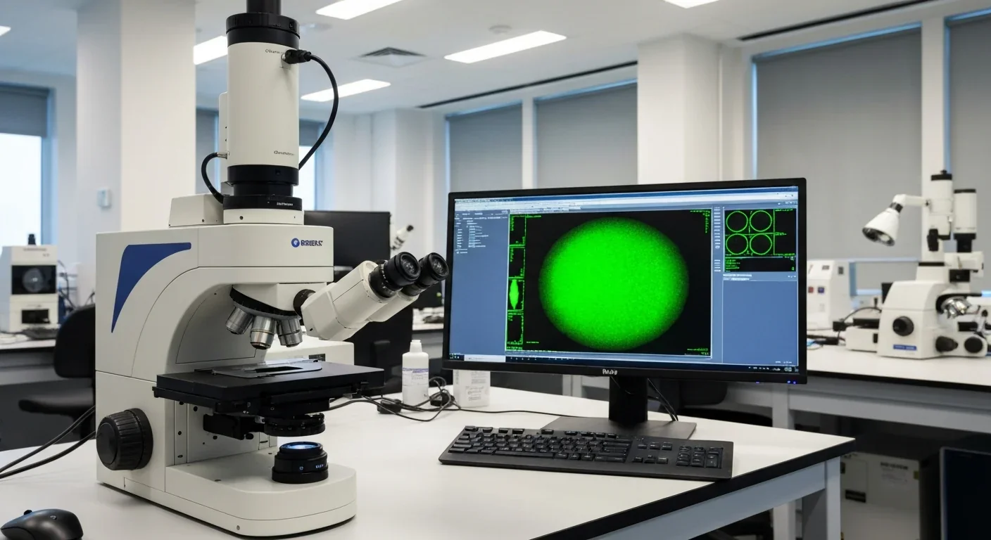 Fluorescence microscope in a research laboratory displaying green fluorescent imaging of bacterial proteins