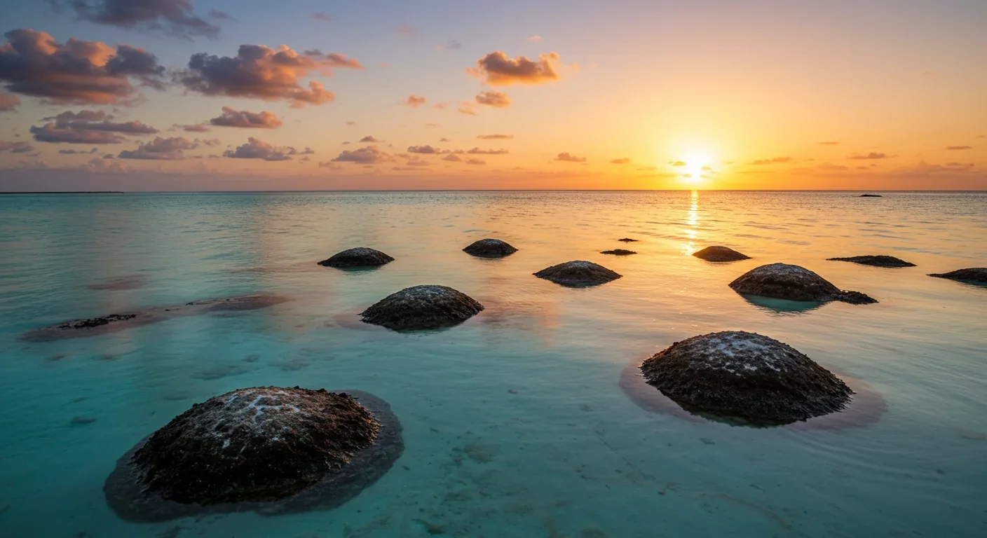 Stromatolite mounds silhouetted at sunset