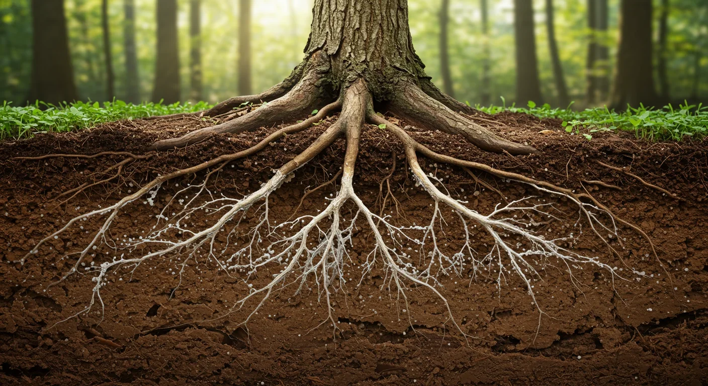 Tree roots connected by white fungal mycorrhizal networks in forest soil cross-section