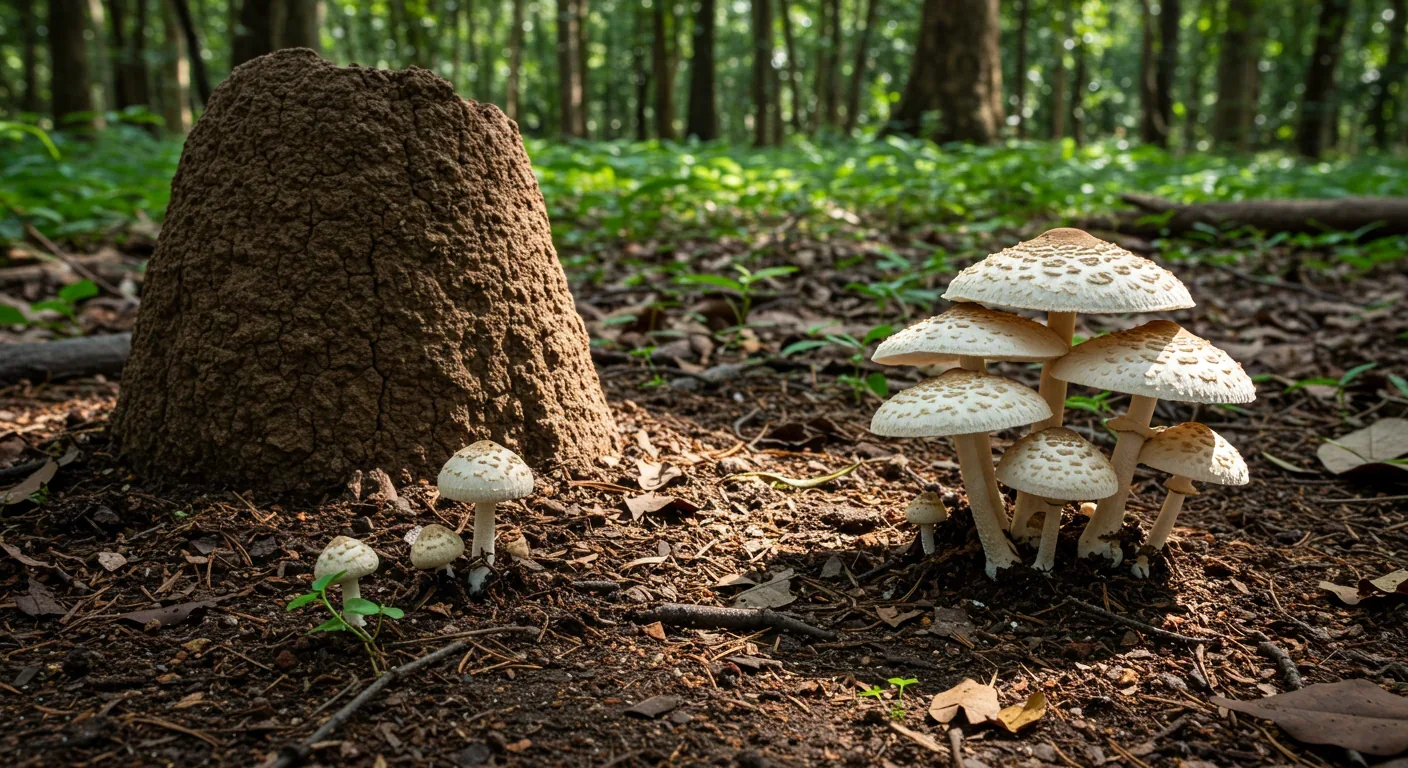 Large Termitomyces mushrooms emerging from termite colony
