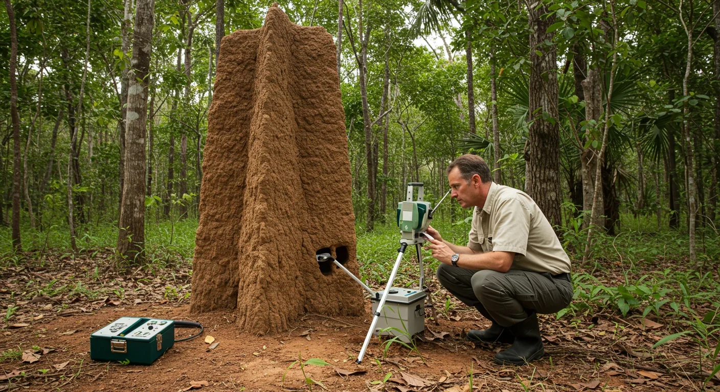 Scientist studying termite mound architecture for sustainable building design