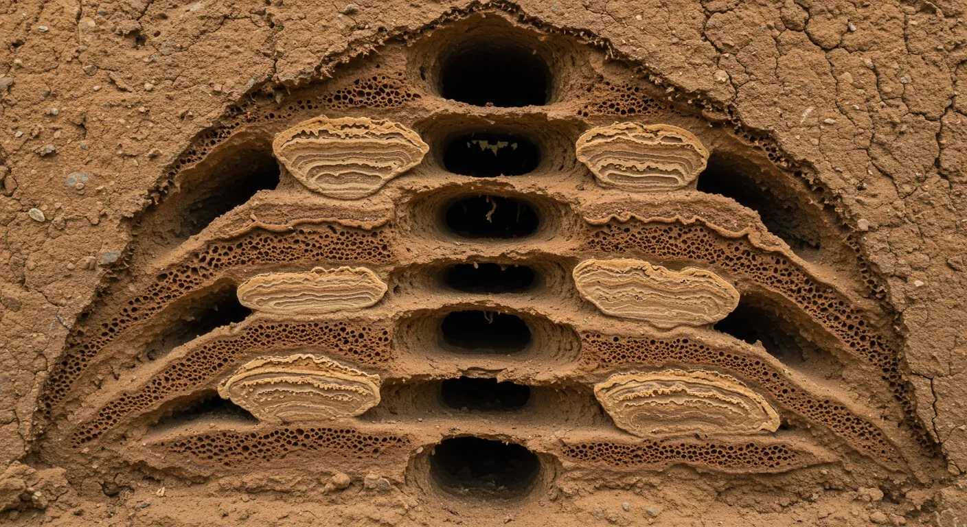Cross-section of termite mound revealing multiple fungus garden chambers and ventilation system