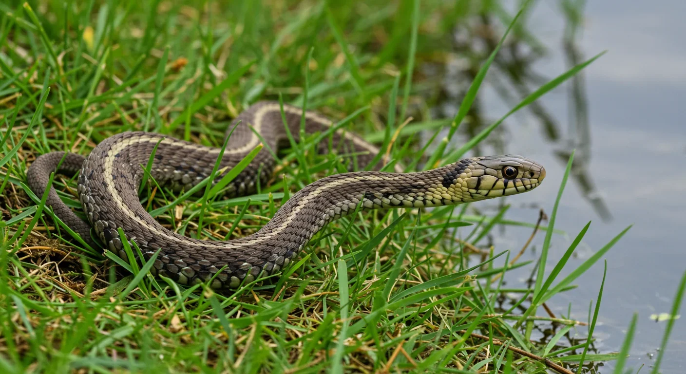 Common garter snake with distinctive striped pattern moving through grass near water
