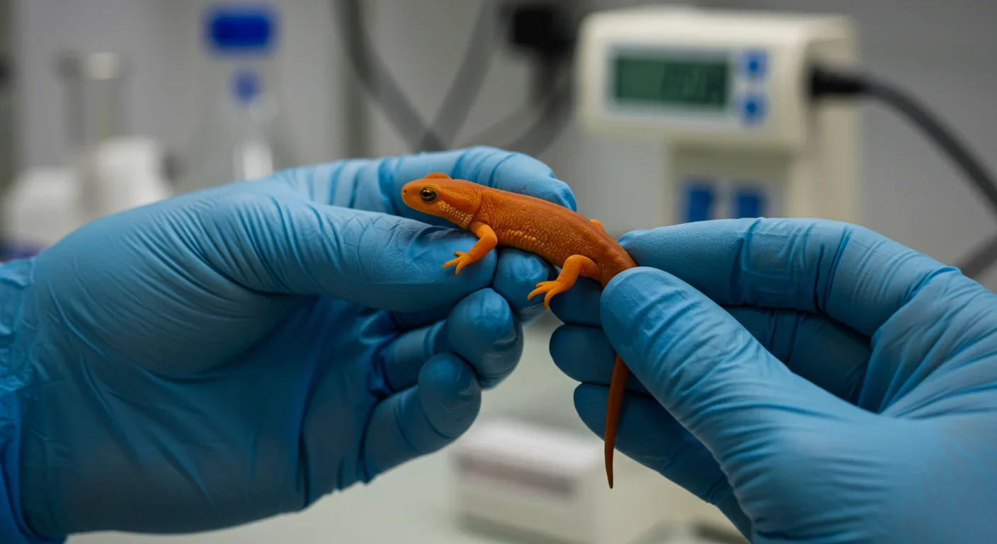 Researcher in protective gloves carefully handling rough-skinned newt for scientific study