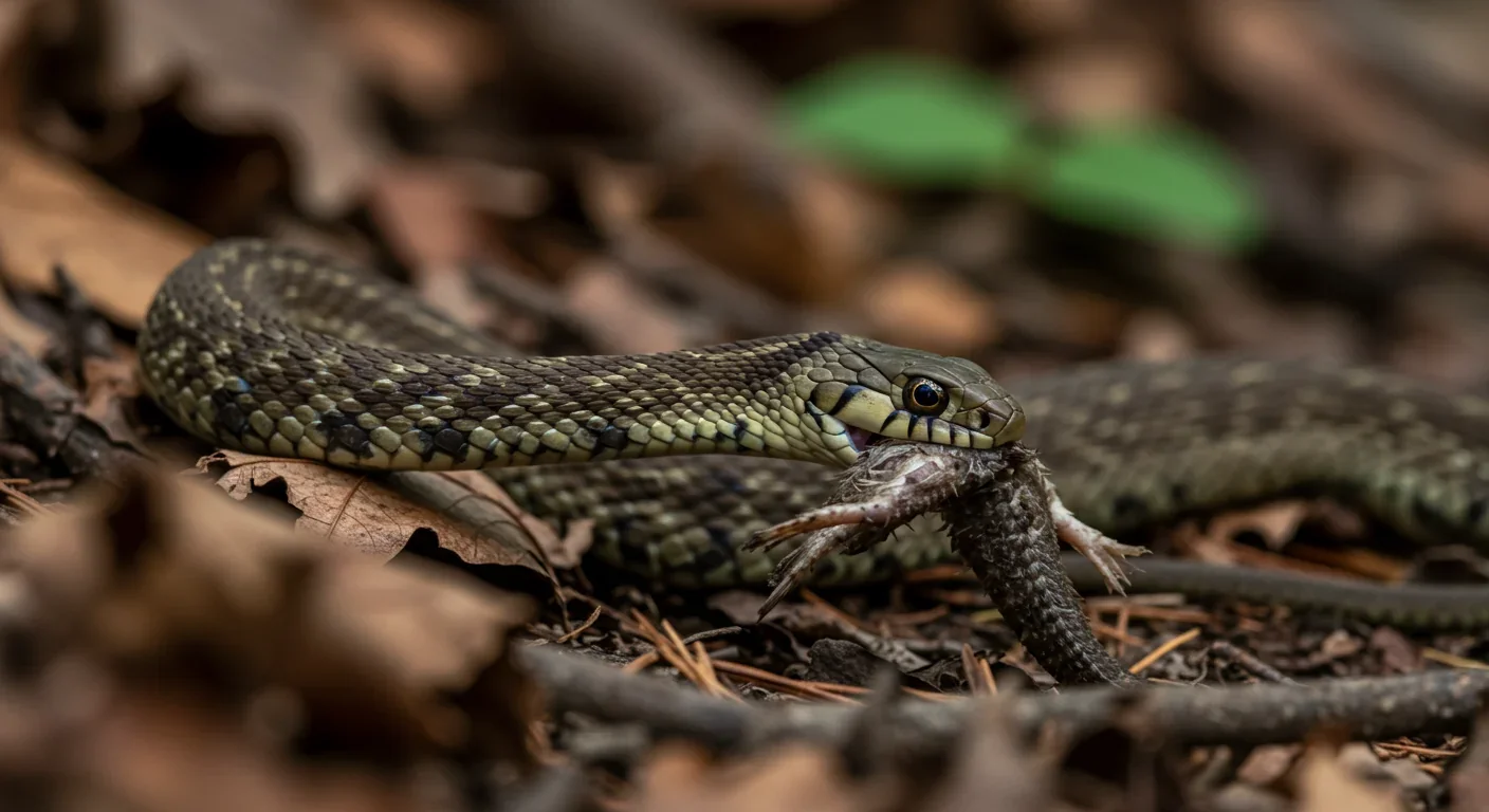 Garter snake consuming prey in natural forest habitat demonstrating predator behavior