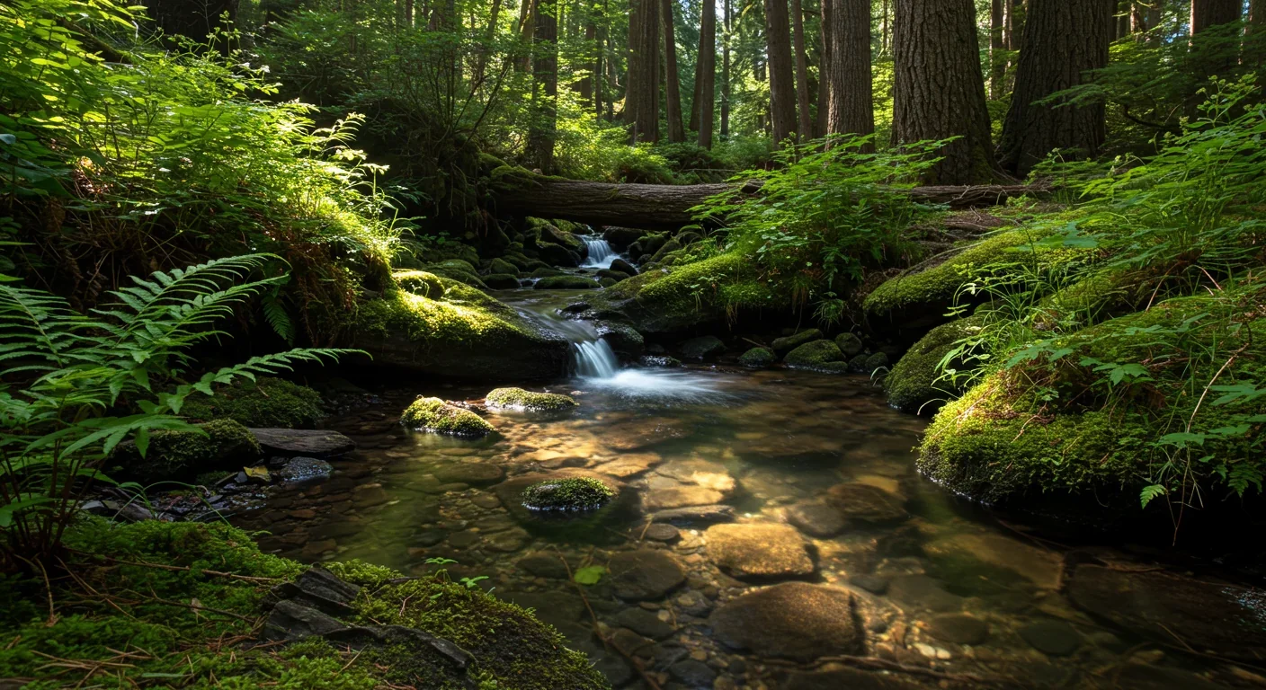 Clear forest stream in Pacific Northwest showing natural habitat of newts and garter snakes