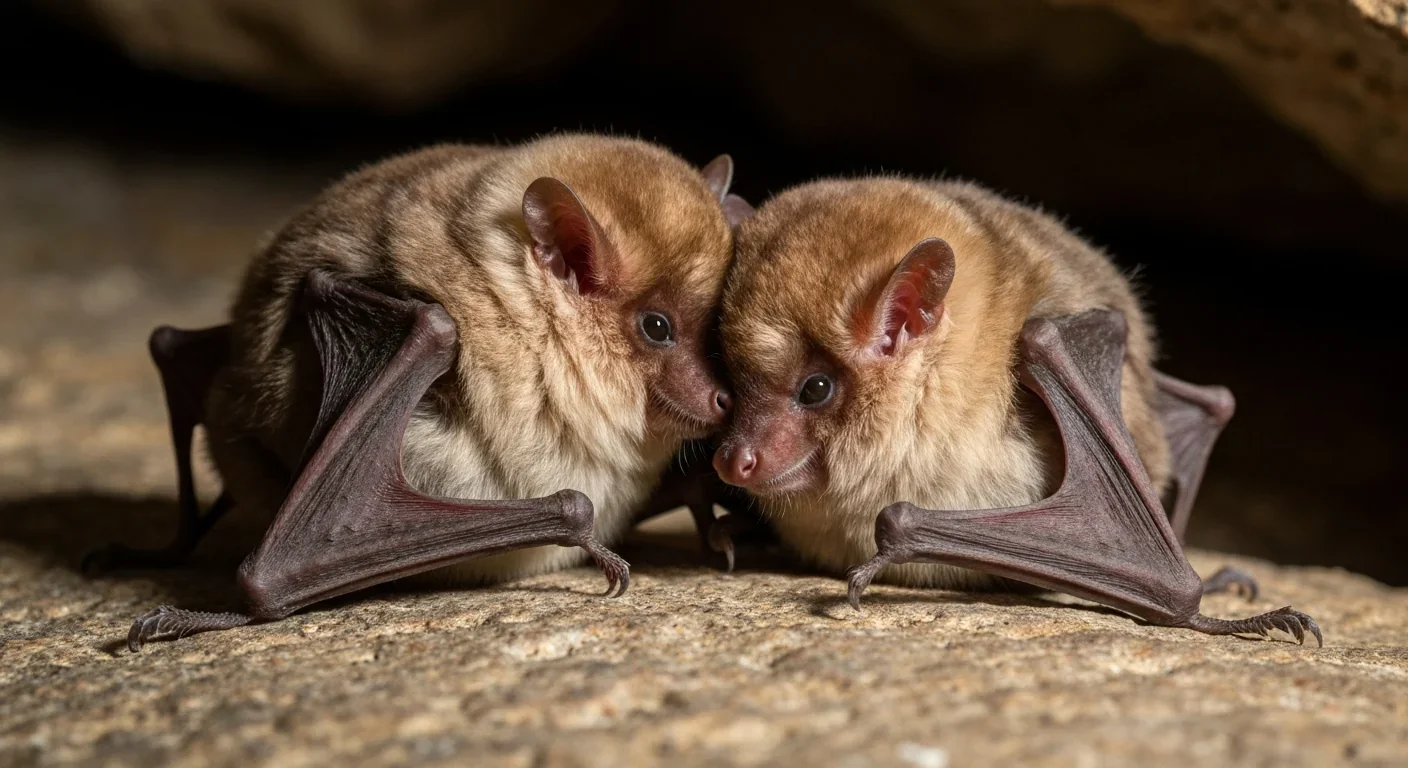 Two adult bats huddled together on a cave surface engaged in mutual grooming behavior