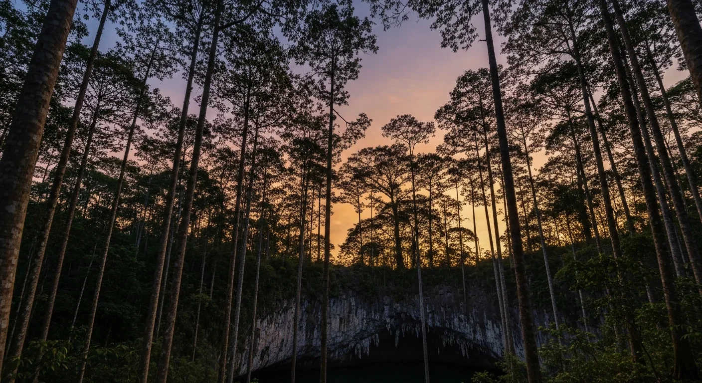 A tropical forest in Costa Rica at dusk with a cave entrance visible at the base of a limestone cliff