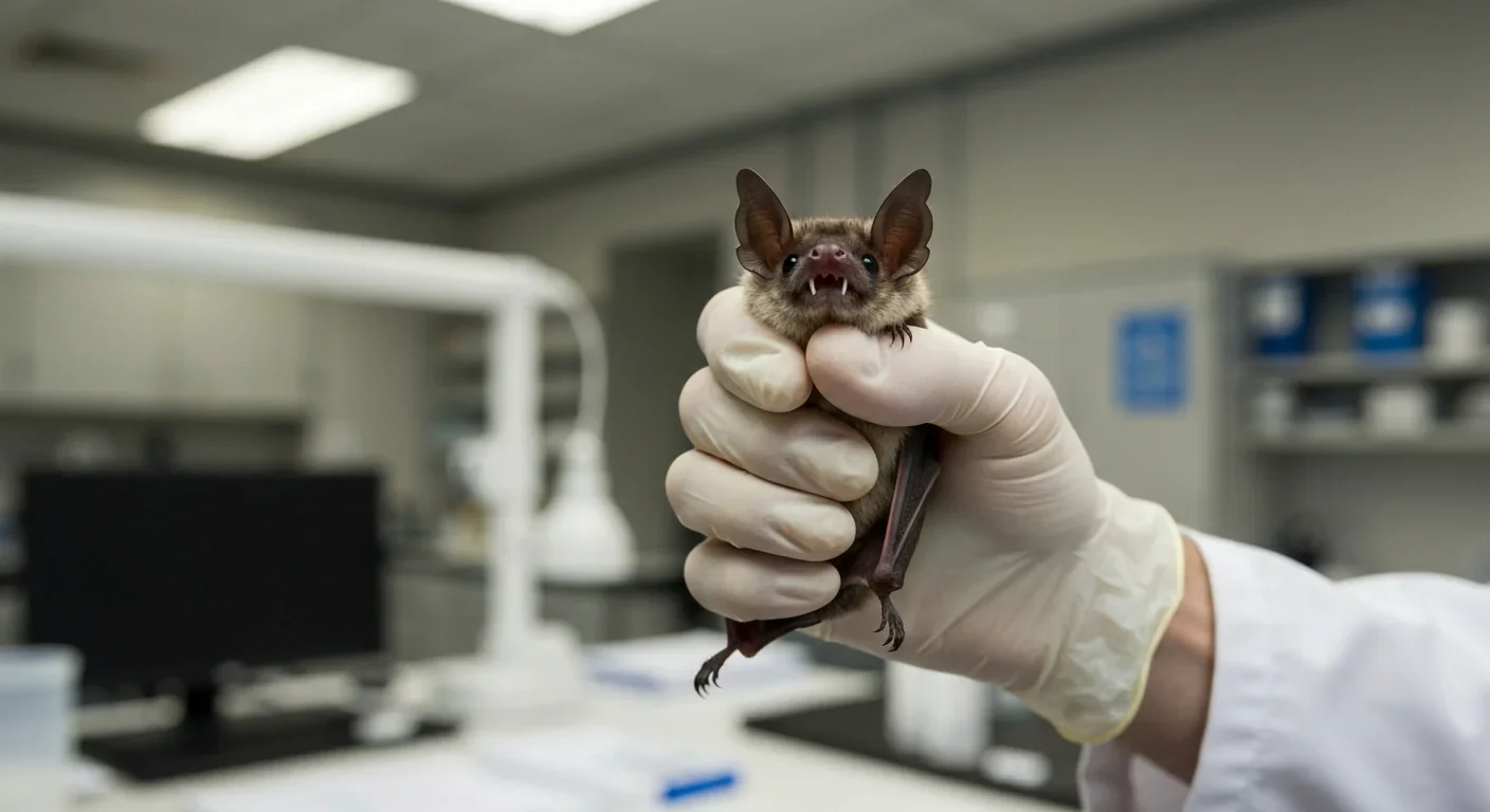A researcher in latex gloves carefully holds a small bat in a laboratory setting