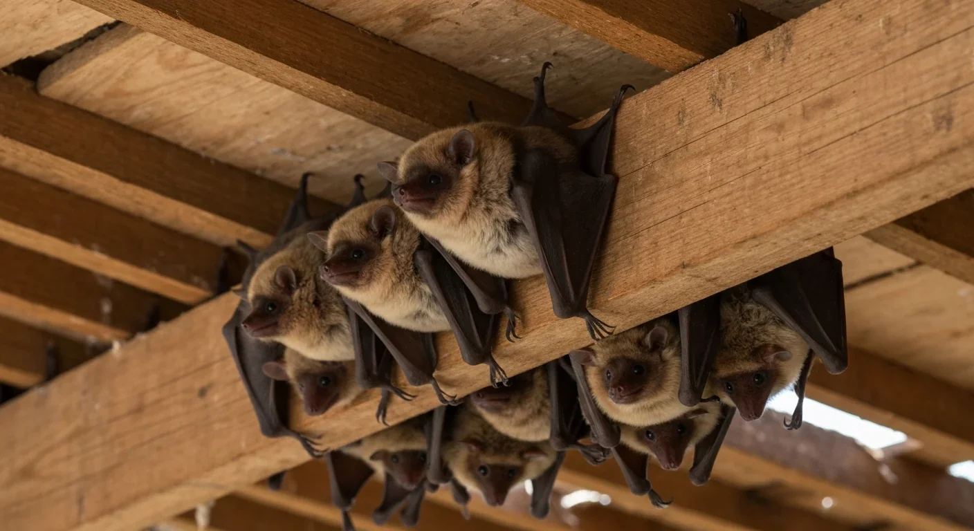 A cluster of adult bats roosting closely together on a wooden beam inside an abandoned building