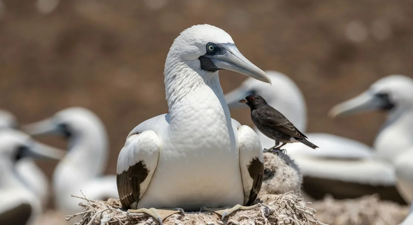 Nazca booby tolerating vampire finch on its back in seabird nesting colony