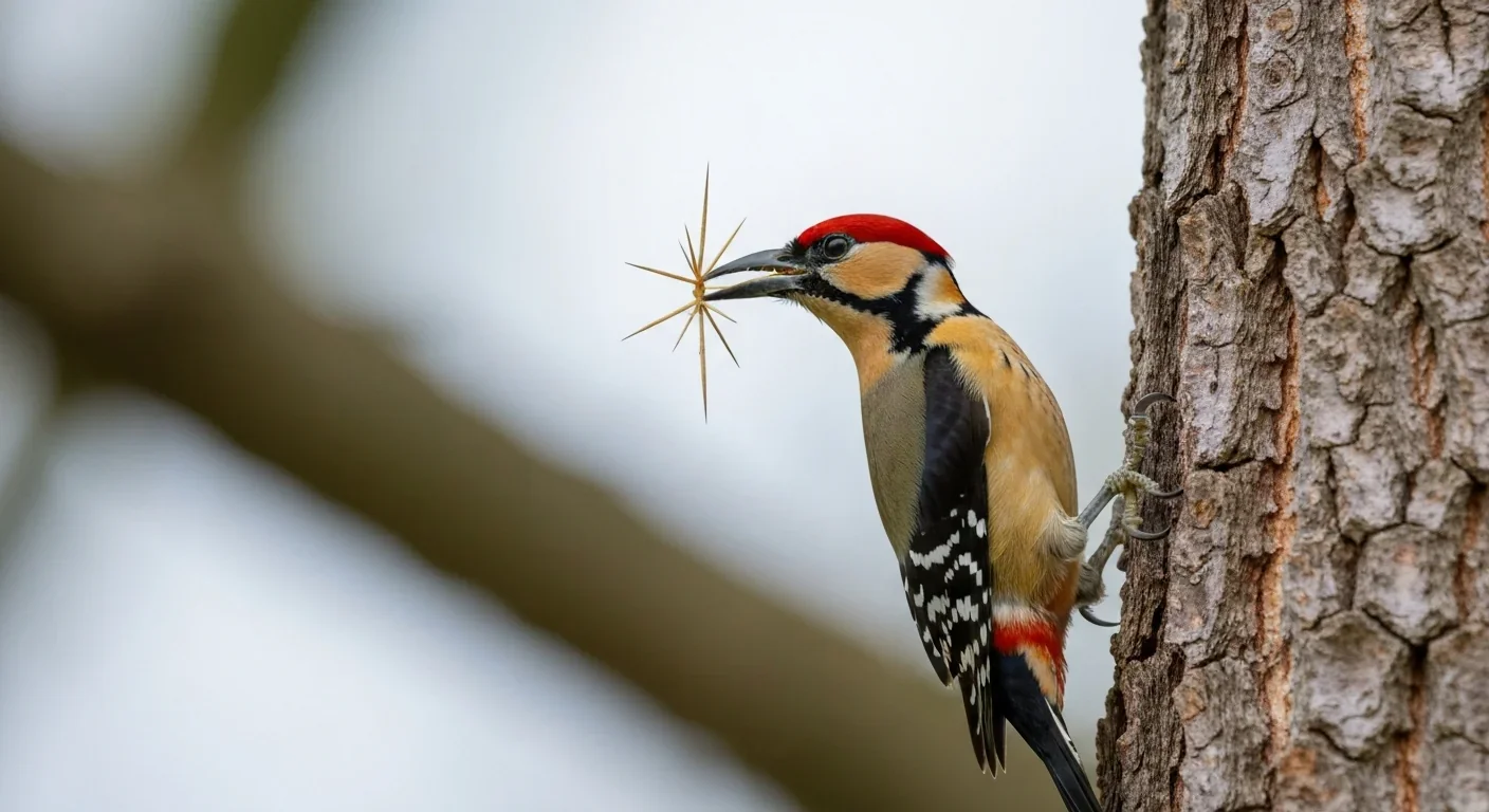 Woodpecker finch using cactus spine as tool to extract insects from tree bark