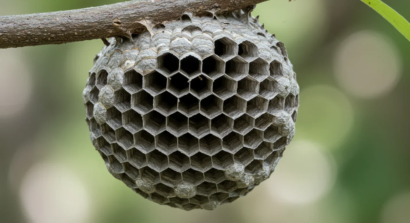 Close-up of paper wasp nest showing hexagonal cell structure