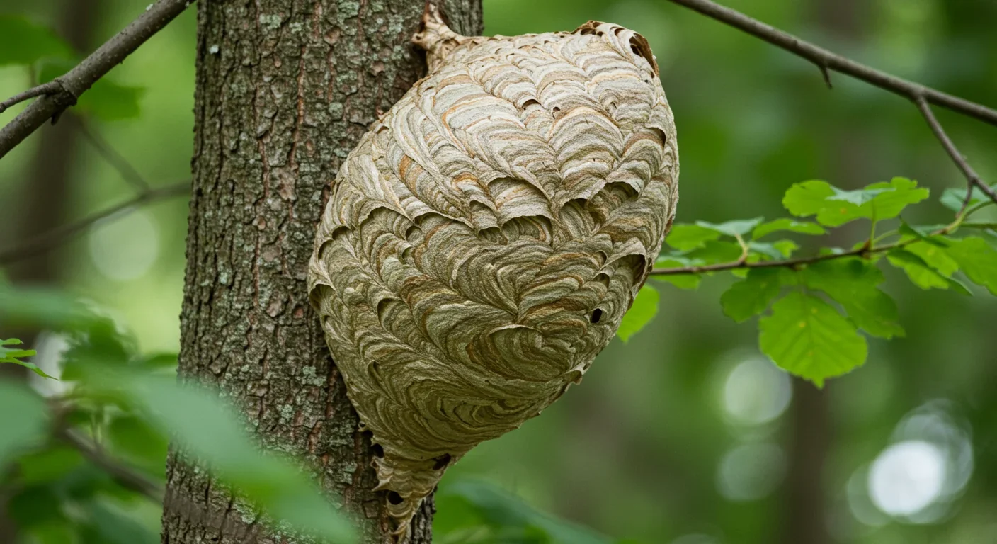 Large mature hornet nest showing multi-layered envelope structure