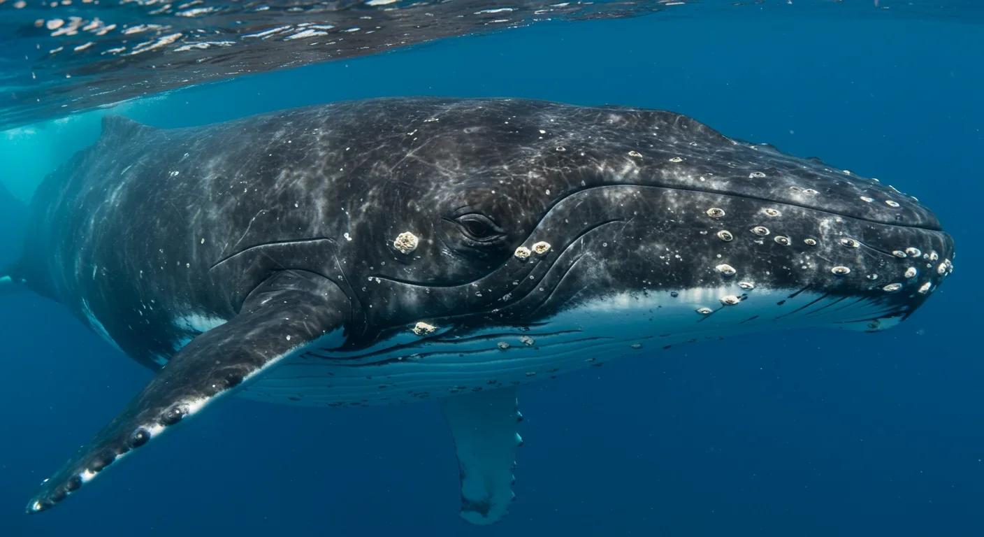 Close-up underwater view of humpback whale eye and head in blue ocean water