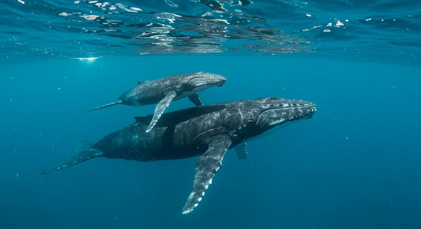 Mother humpback whale swimming with calf in clear blue ocean water