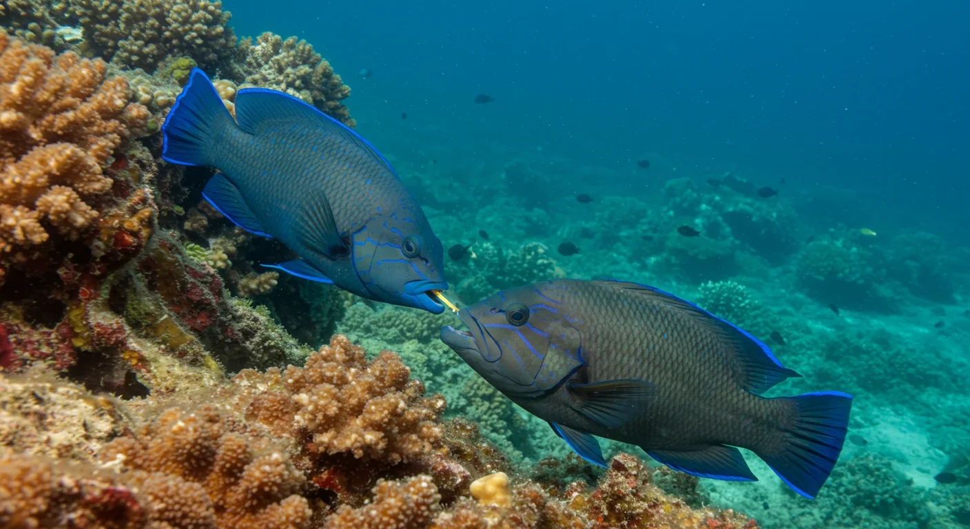 Cleaner fish performing cleaning service on larger client fish in coral reef habitat