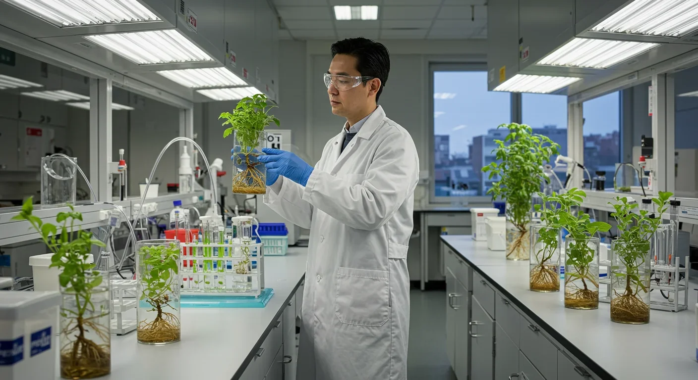 Researcher studying plant-microbe partnerships in controlled laboratory conditions