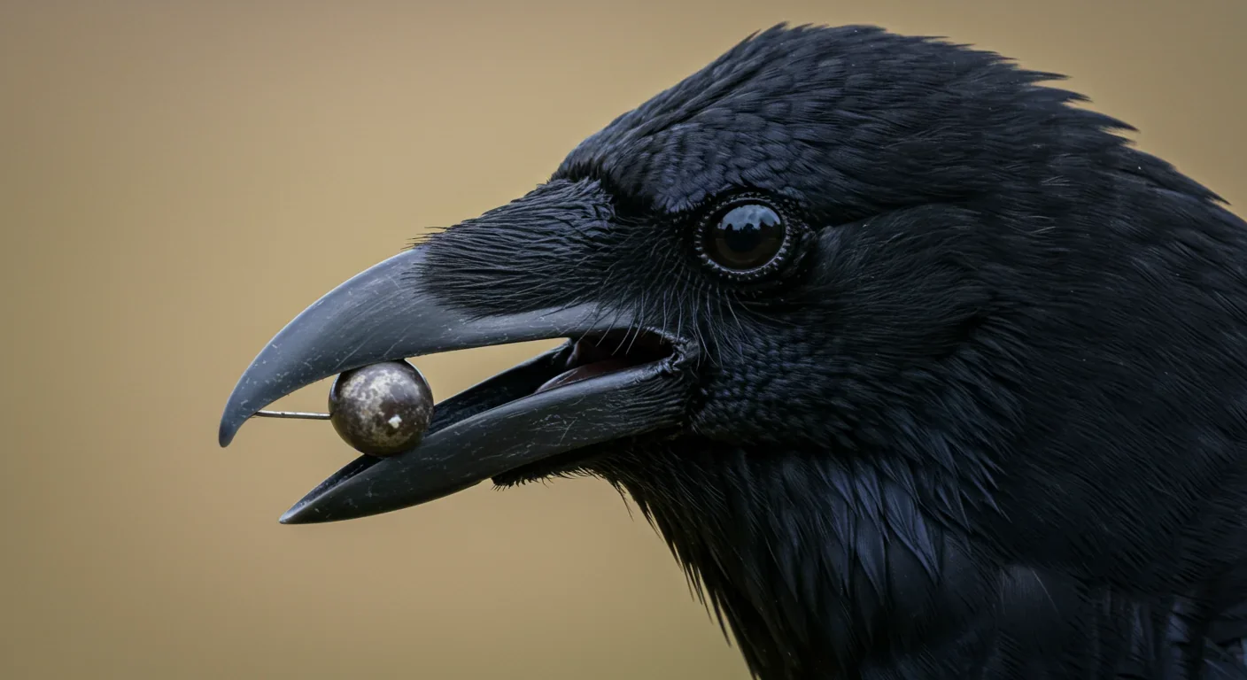 Raven holding small object in beak demonstrating cognitive ability