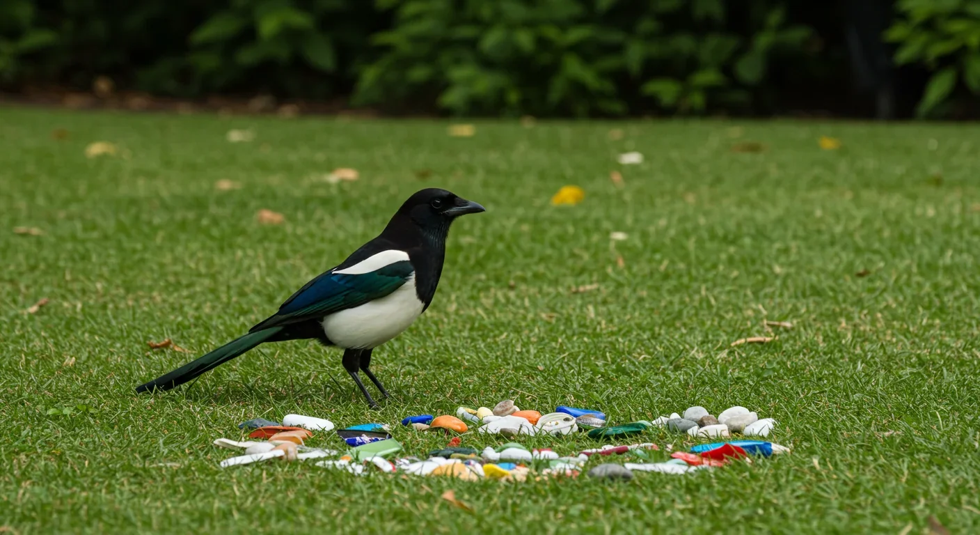 Magpie near collection of small objects in park setting