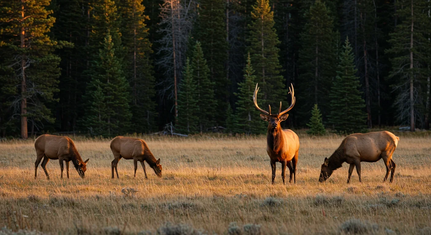 Elk herd grazing warily near forest edge in Yellowstone demonstrating ecology of fear