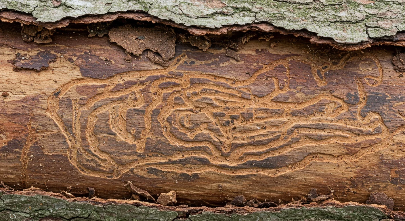 Intricate beetle galleries tunneled beneath tree bark showing deadwood insect habitat