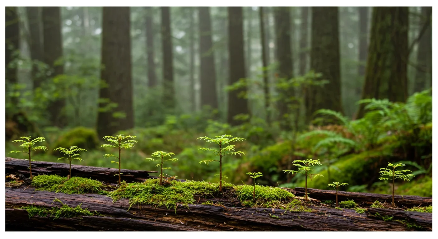Young tree seedlings growing in a line along a moss-covered nurse log in temperate rainforest