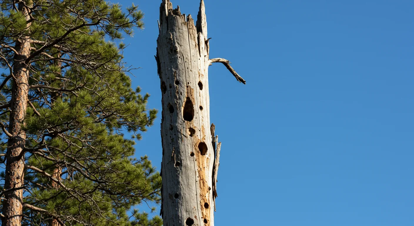 Standing dead tree snag with multiple woodpecker cavities providing wildlife habitat