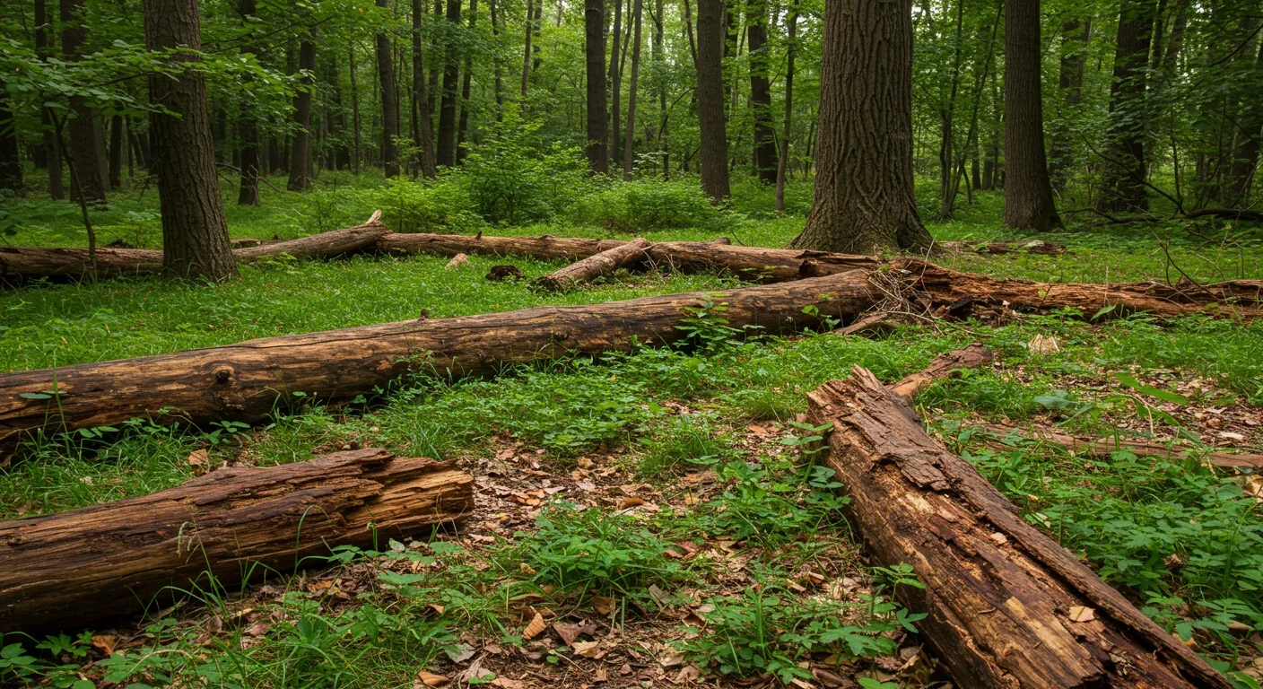 Diverse forest floor showing fallen logs in various stages of decomposition among undergrowth